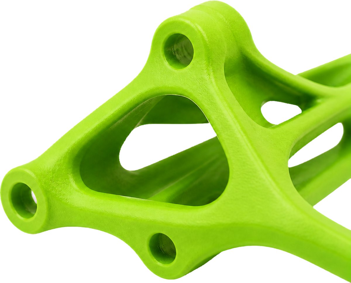 A lime-green 3D-printed lattice bracket made by 7Fabs